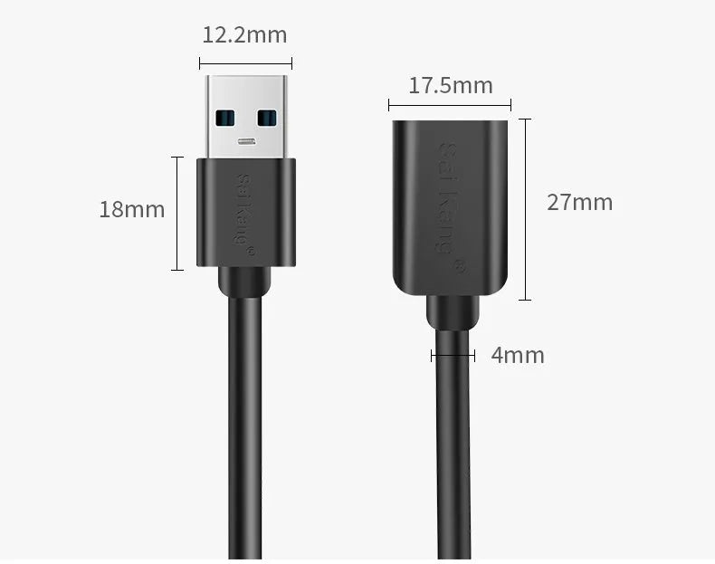 A black USB male to female extension cable showing the connector types, available in multiple lengths.