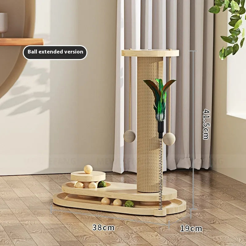 Solid wood cat scratching post with turntable climbing platform in various style configurations