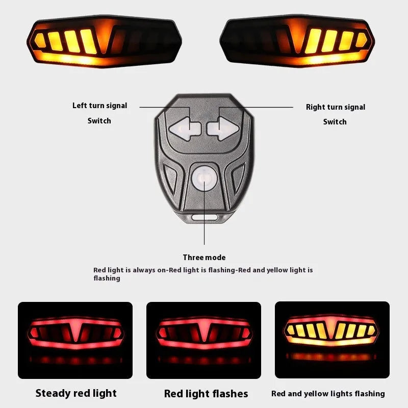 Compact black bicycle taillight with remote control on handlebars, showing left turn signal active.
