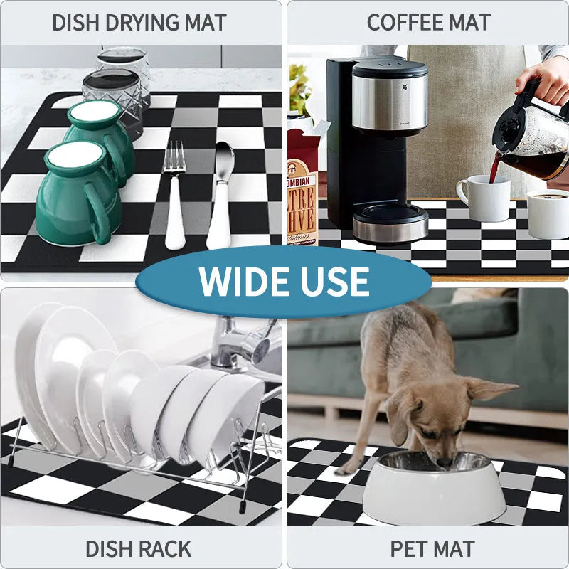 Square super absorbent drain mat with rubber backing in black or blue on a kitchen counter.