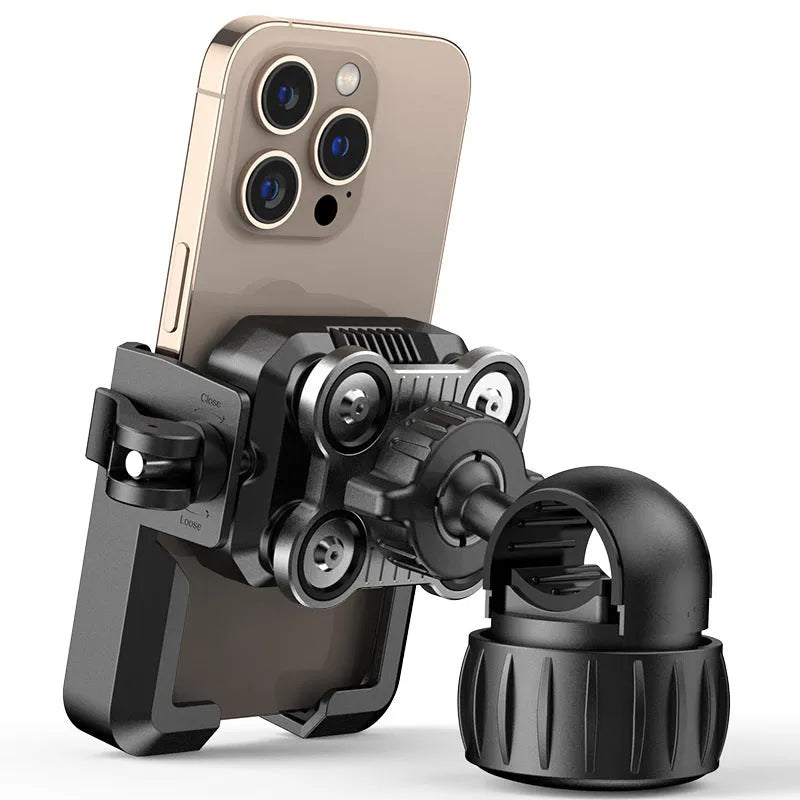 Black aluminium alloy motorcycle phone navigation bracket with shock absorber mounted on handlebars