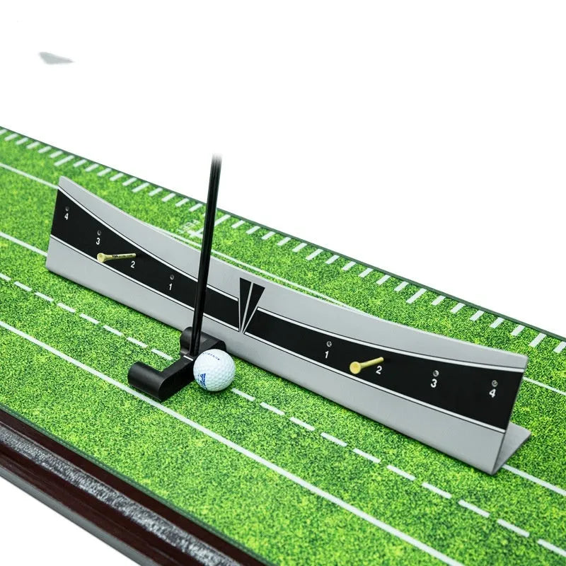 Adjustable golf putter trajectory balance simulator made from white PVC on a green mat.