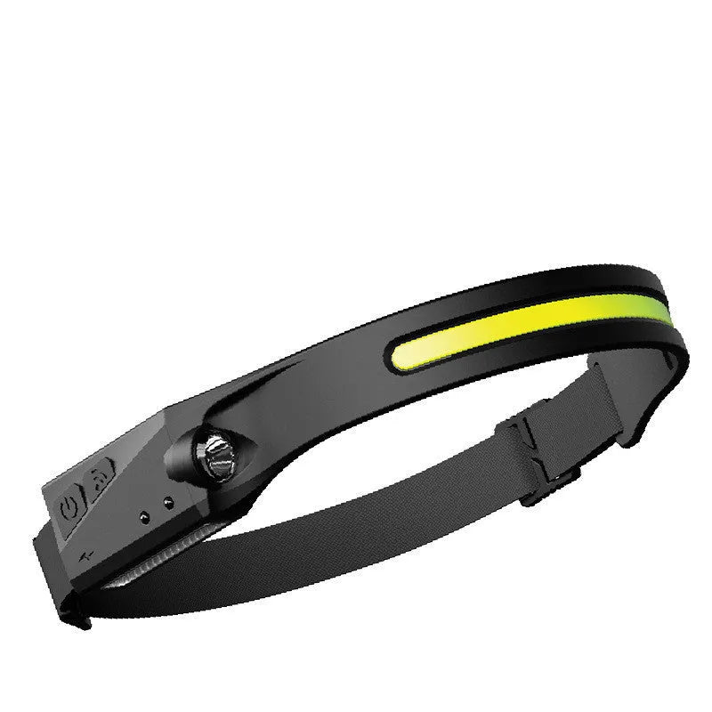Black silicone rechargeable headlamp with LED lights, shown with wide beam and long-range illumination for outdoor use.