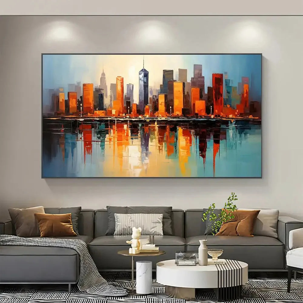 Handmade oil painting on canvas, modern abstract urban architectural street scene, frameless rolled horizontal artwork for wall decor