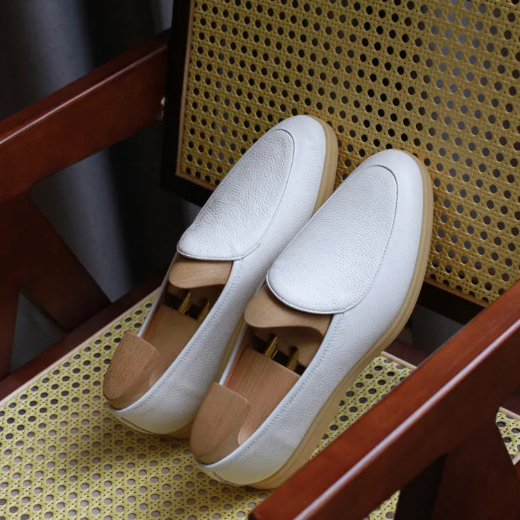 Men's handmade leather loafers in brown with a low tube design and TPR sole