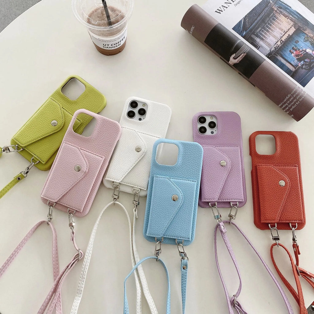 PC leather card holder crossbody phone case with lychee pattern triangle veil design for iPhone 13-15 series in black