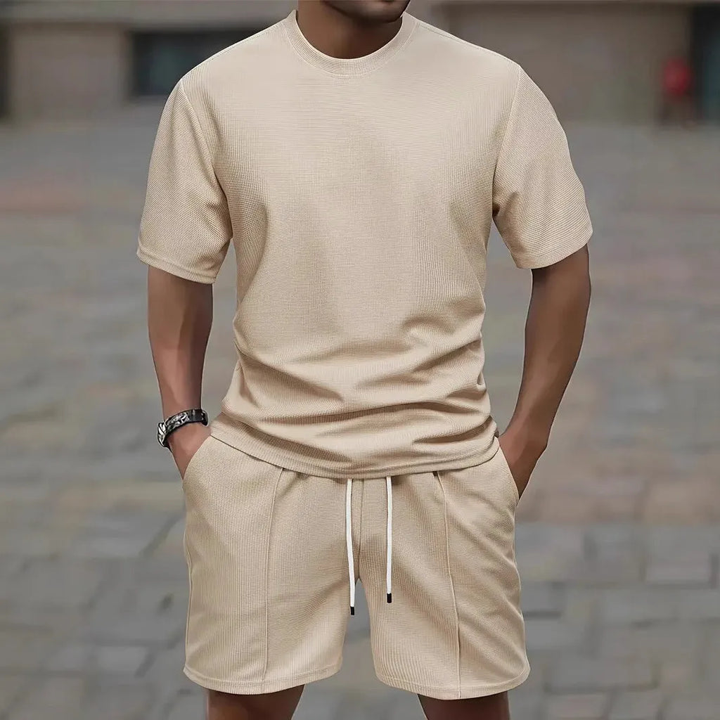 Men's apricot waffle texture short sleeve blouse and matching shorts set laid flat