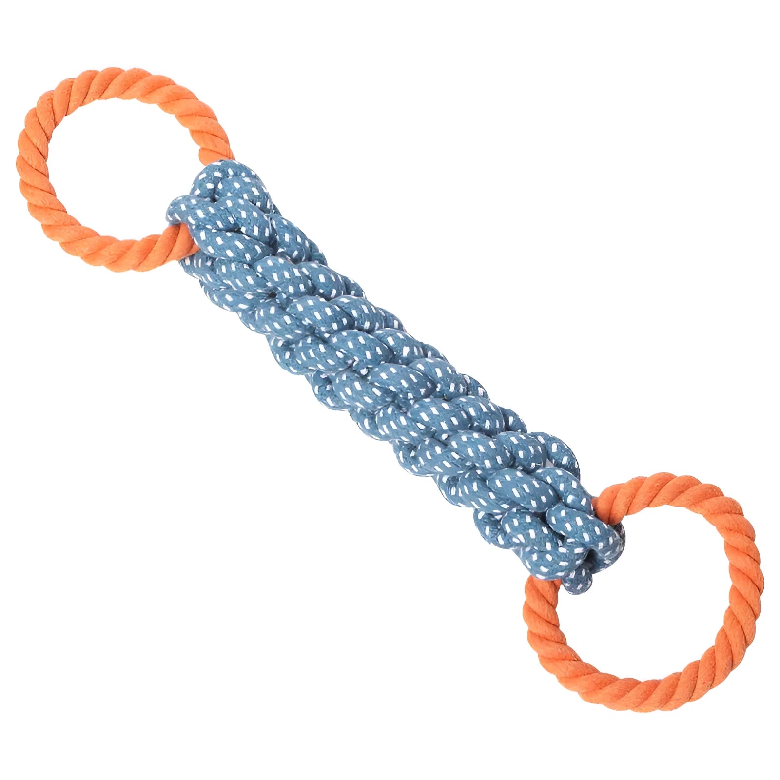 Blue double-ring braided cotton bone dog chew toy for teeth cleaning.