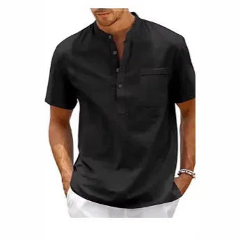 Men's solid colour stand collar short sleeve polo shirt laid flat.