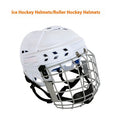 Ice hockey helmet with a carbon steel face mask, shown in an available size.