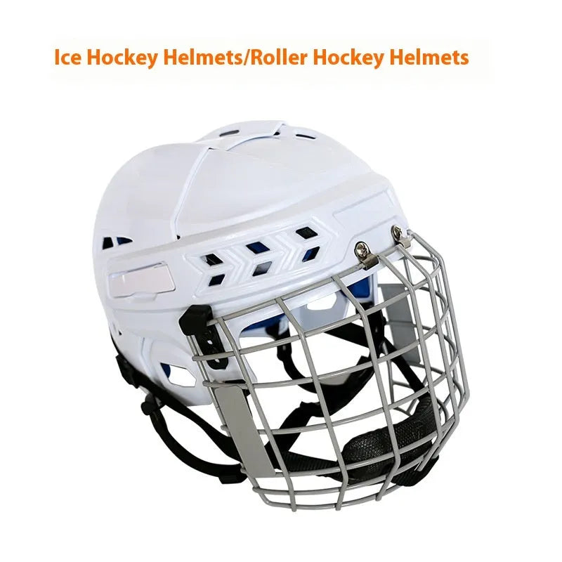 Ice hockey helmet with a carbon steel face mask, shown in an available size.