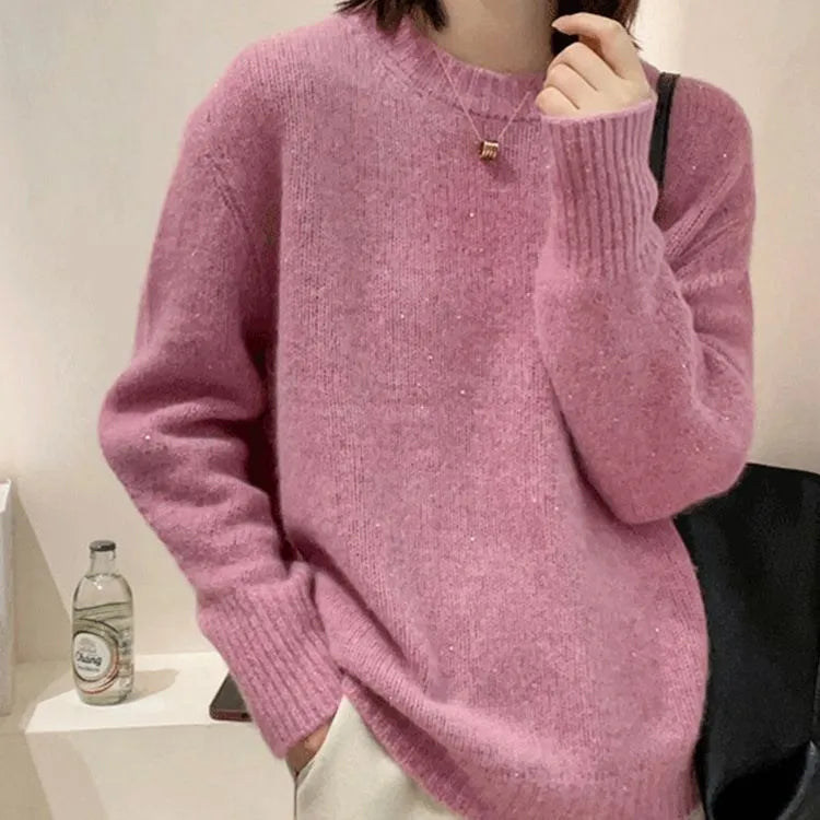 Soft glutinous long sleeve round neck top in milky white, loose fit, free size 85-135 cm, polyester pullover
