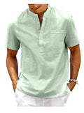 Men's solid colour stand collar short sleeve polo shirt laid flat.
