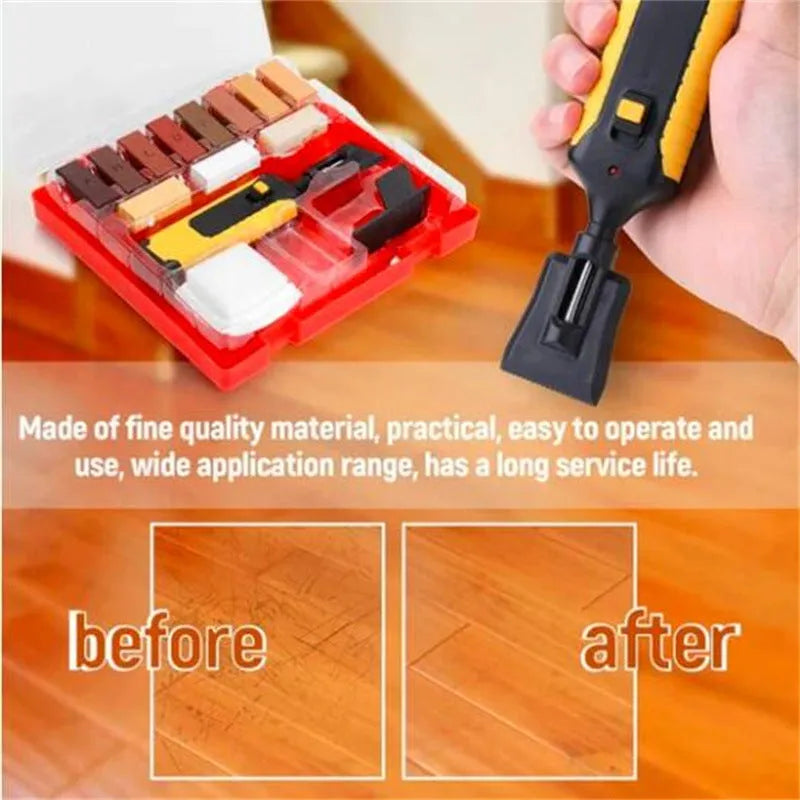Floor repair suit tool set with handle tools and coloured wax sticks for tile repair