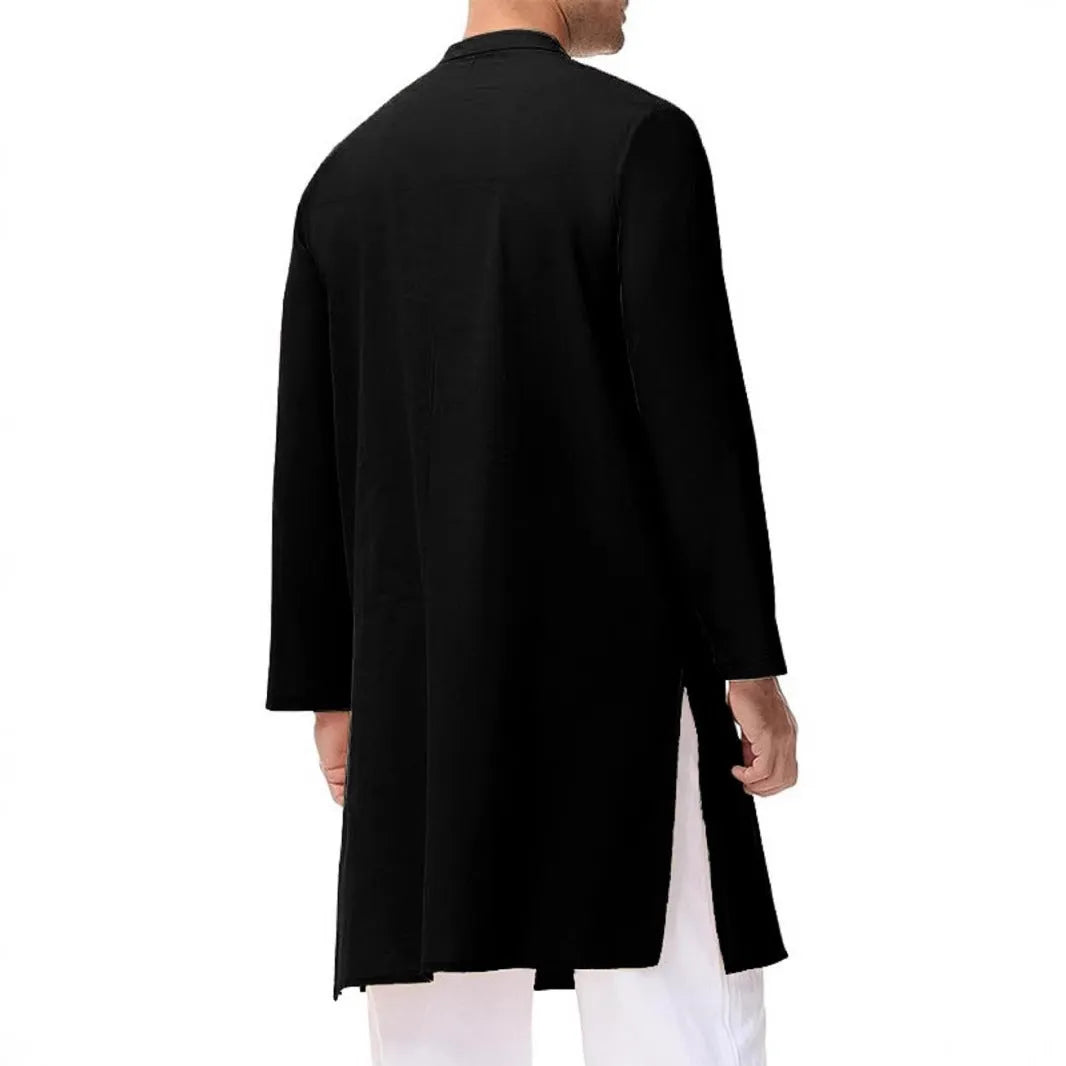 Men's black solid colour long sleeve slim fit stand collar polyester robe, sizes M to XXXL