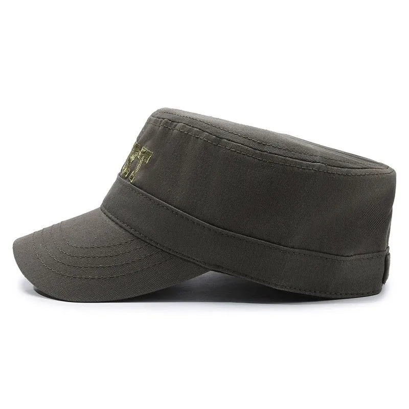 Men's adjustable cotton peaked cap in army green colour with a dome crown.