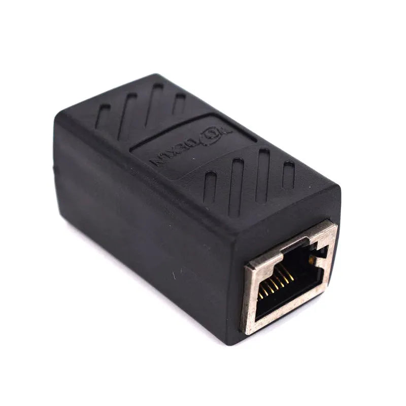 Black RJ45 female-to-female Ethernet cable extender coupler.