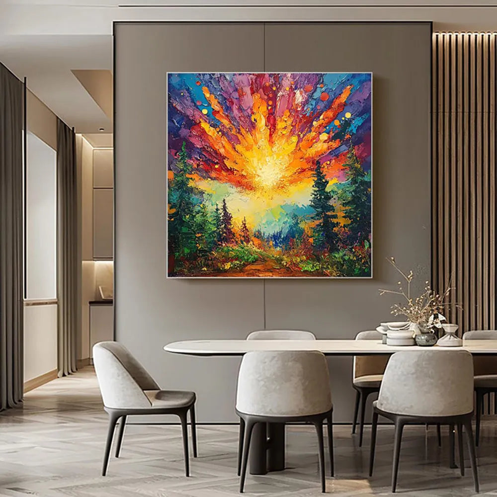 Hand-painted oil painting of sun rising in deep forest with brilliant light, modern landscape canvas art for home decoration