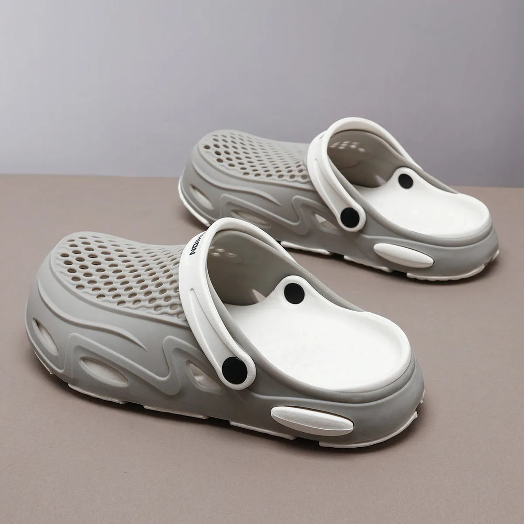 Men's grey closed toe beach slippers with EVA sole and round toe holder design