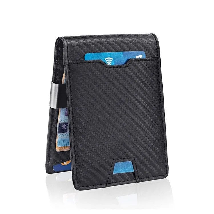 Men's black fibre leather card holder money clip wallet with horizontal square shape and cash clip open