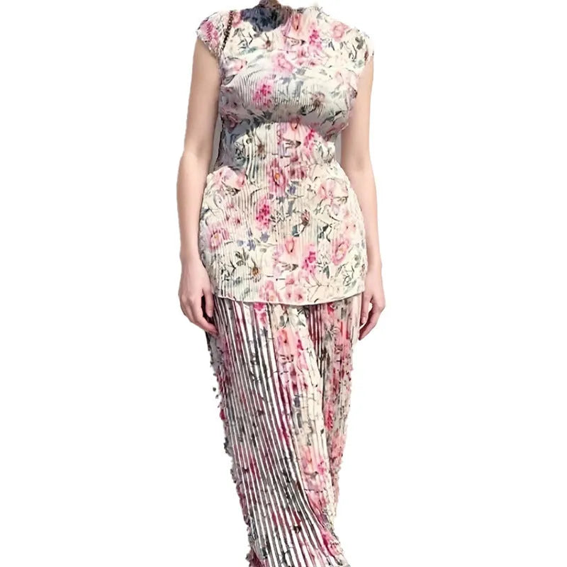 Long sleeve printed chiffon dress high waist two-piece set with matching top in picture colour.