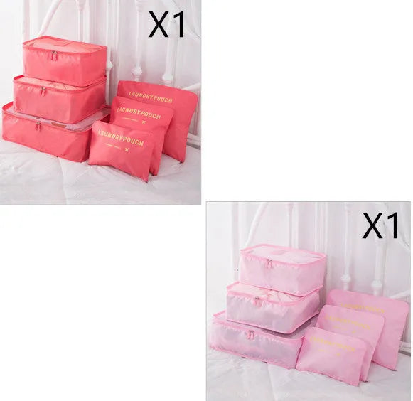 6 PCS travel storage bag set in polyester with handbag shape, multiple colour options for clothes and cosmetic organisation