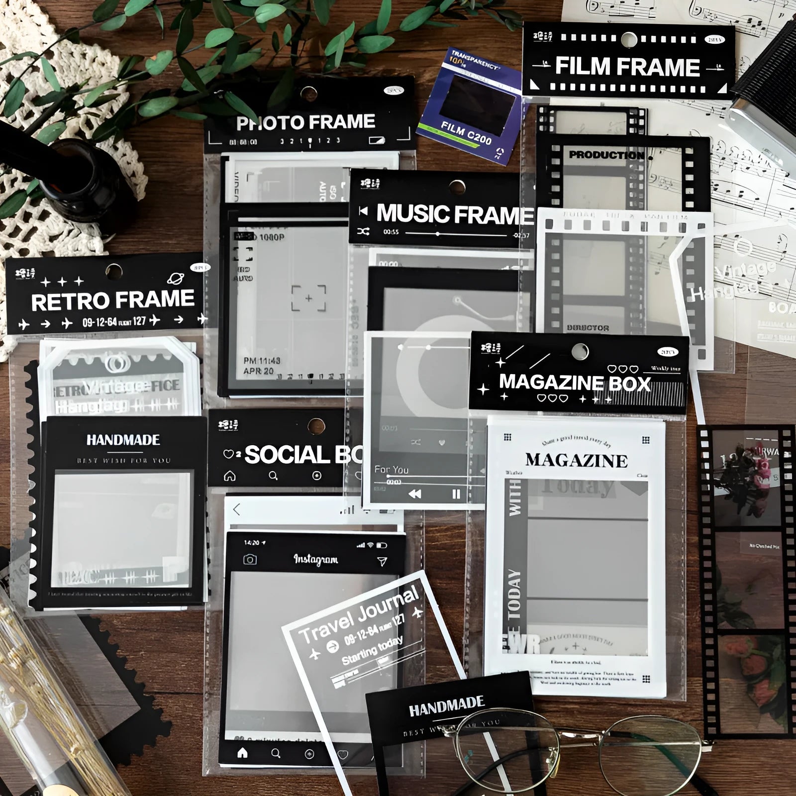 Retro film journal decorative transparent stickers showing photography, film, magazine, music, social, and retro frame designs