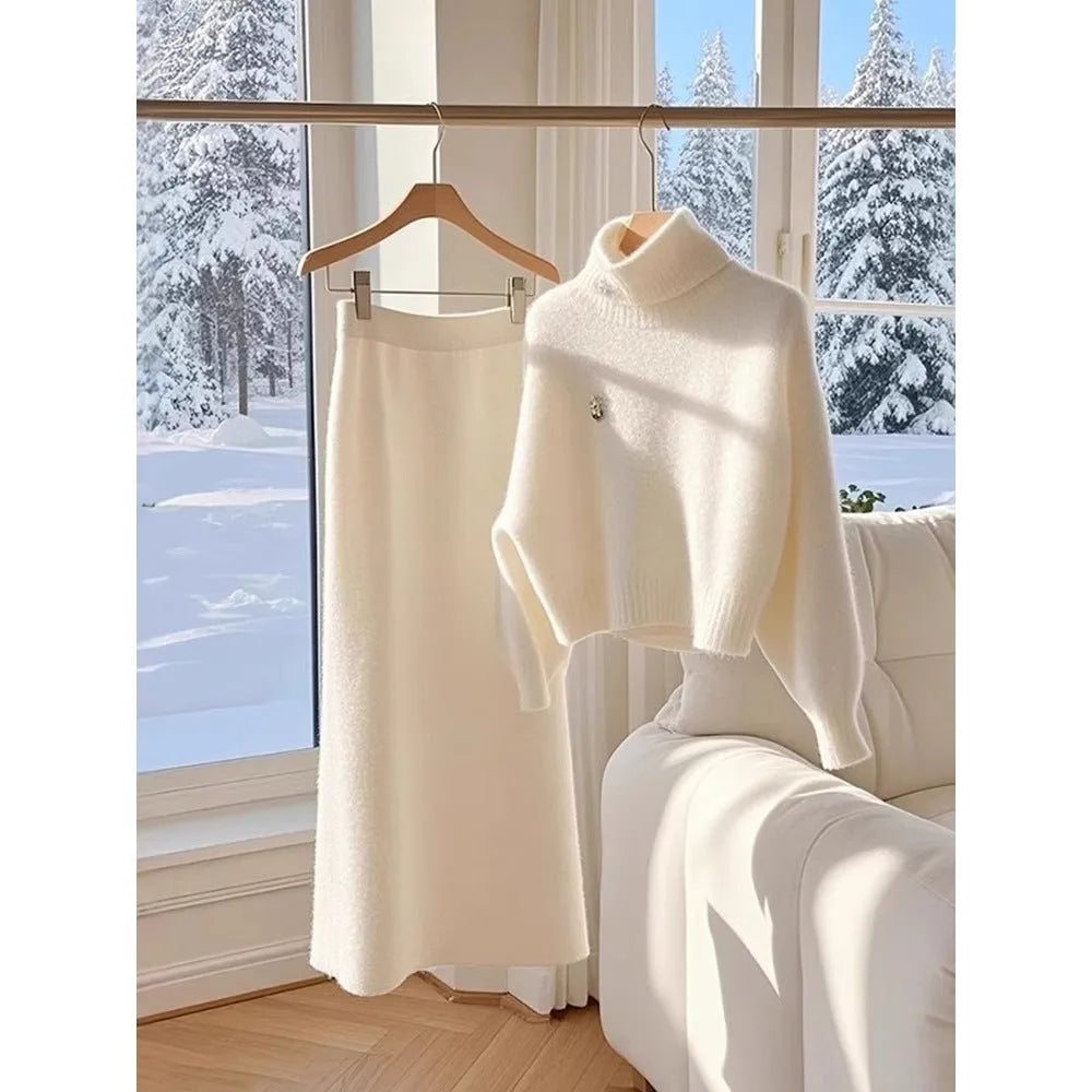 White knitted sweater skirt suit for women with long sleeve top and long skirt, solid colour stitching, sizes S to 3XL.