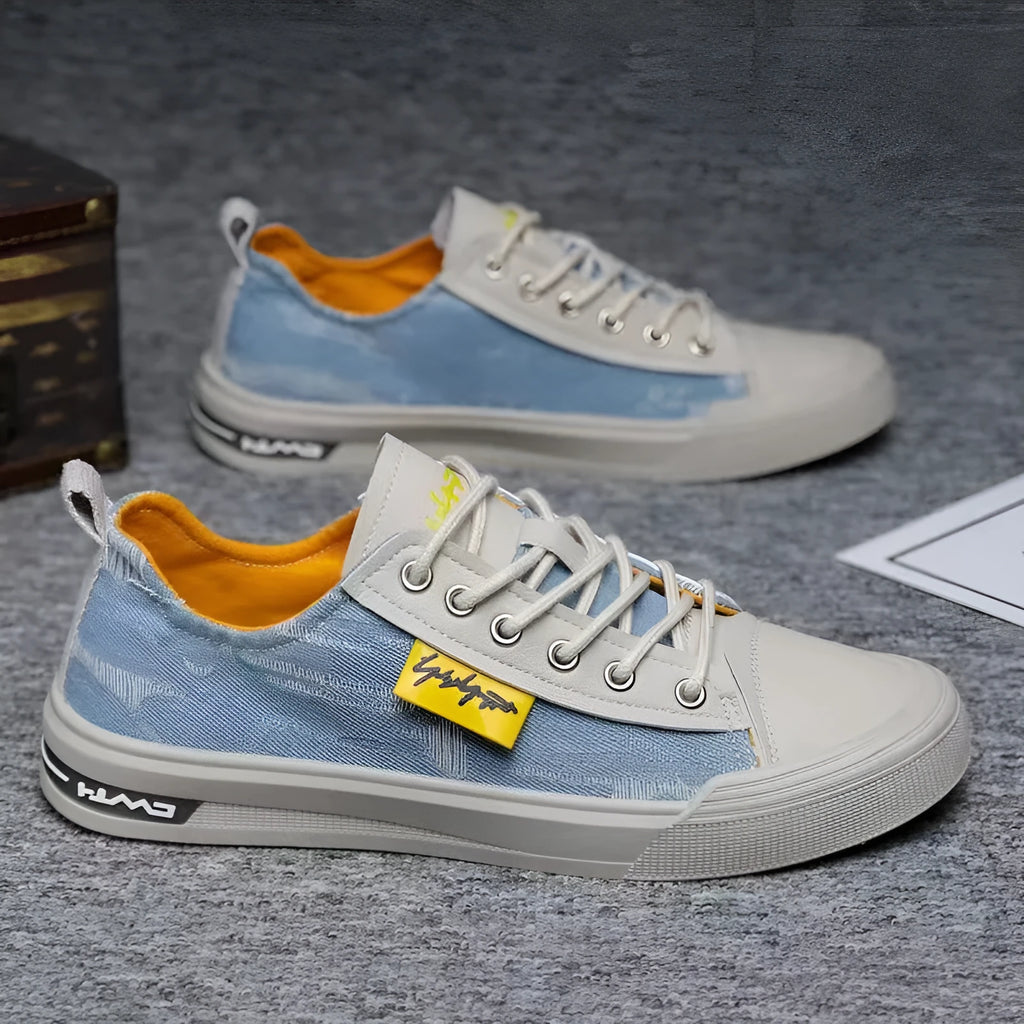 Men's canvas lace-up shoes with round toe in dark blue, black and light blue colours