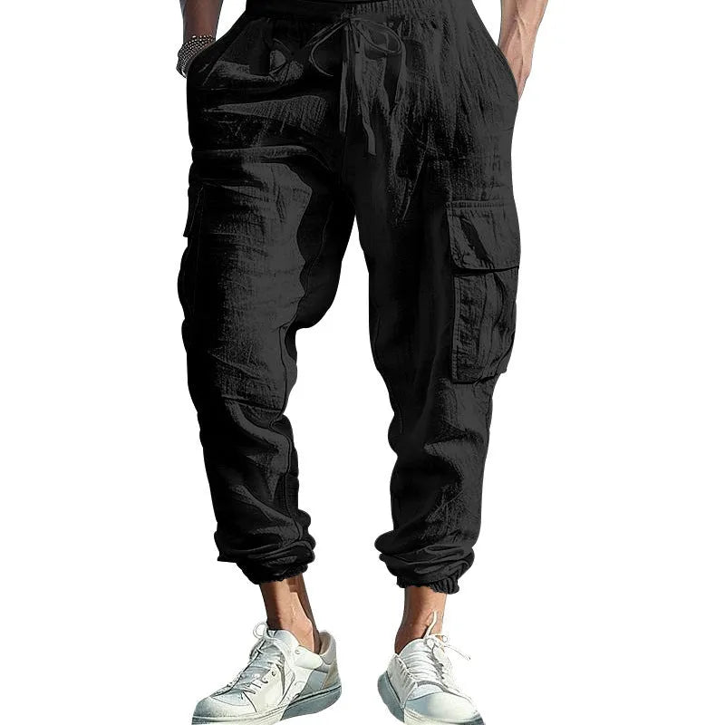 Men's casual ankle-tied linen trousers in Army Green colour showing multi-pocket design