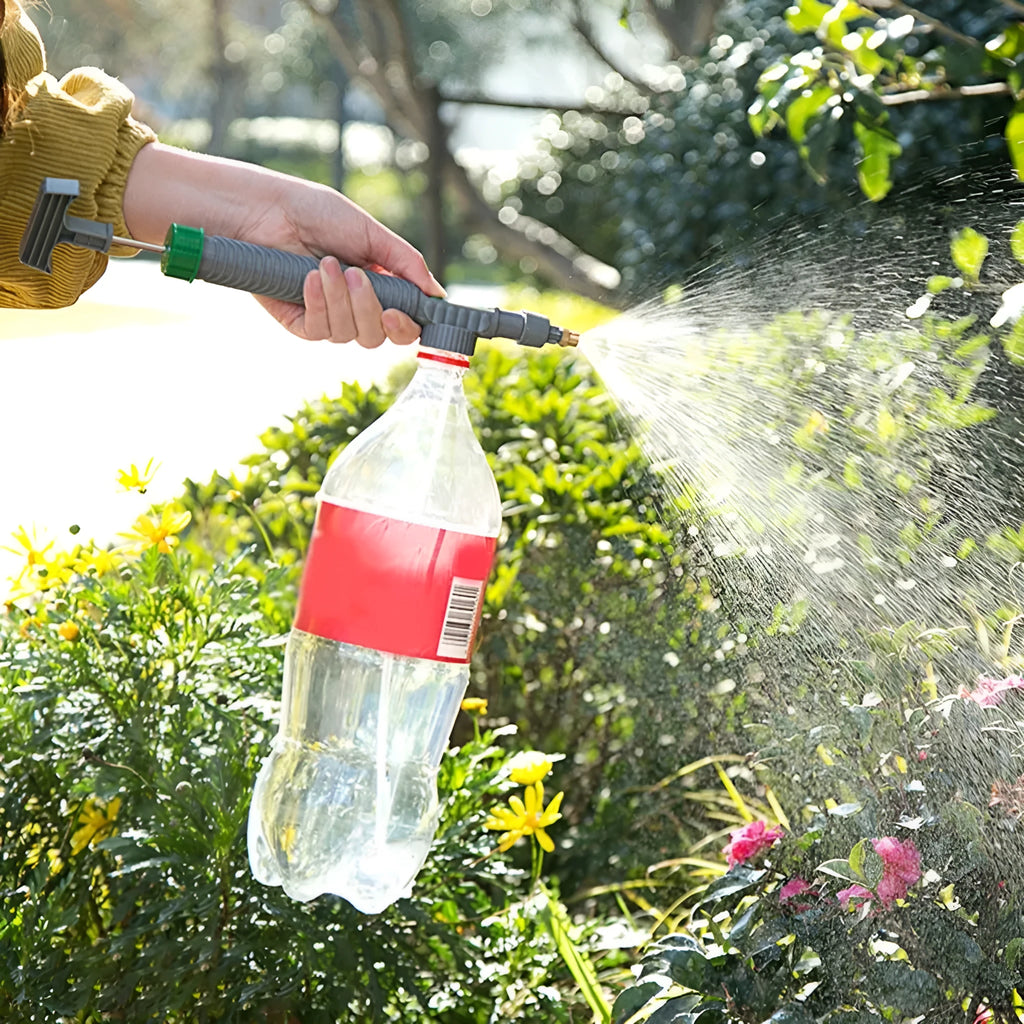 Universal watering sprayer nozzle attachment for plastic beverage bottles with 30cm tube