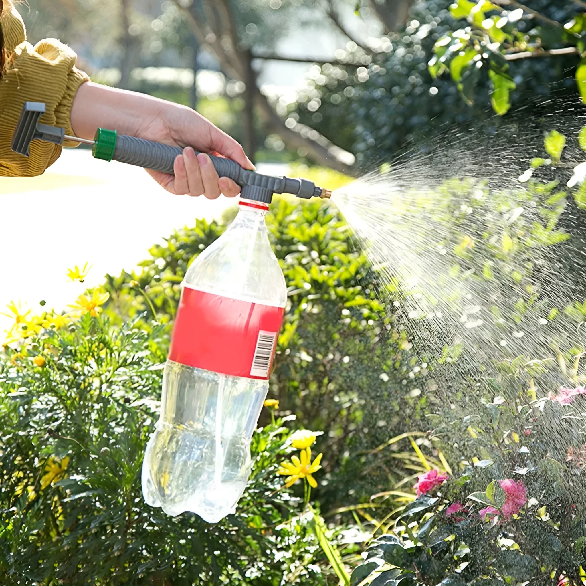 Universal watering sprayer nozzle attachment for plastic beverage bottles with 30cm tube