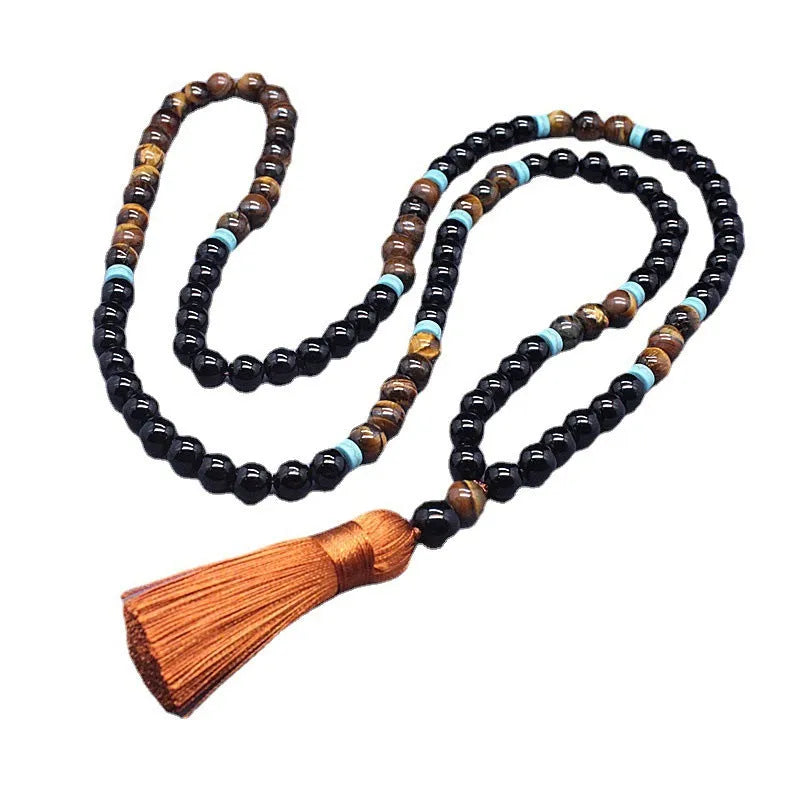 Black agate bracelet and tiger eye necklace set with geometric bead design