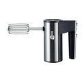 Silver handheld electric kitchen mixer with two metal beaters and 5-speed control dial
