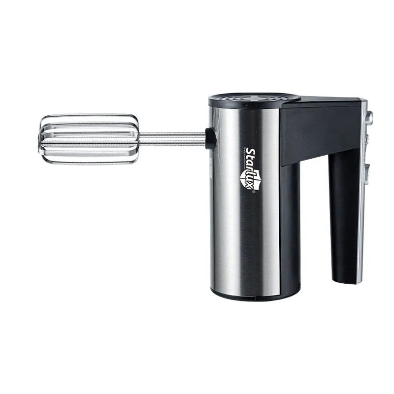 Silver handheld electric kitchen mixer with two metal beaters and 5-speed control dial
