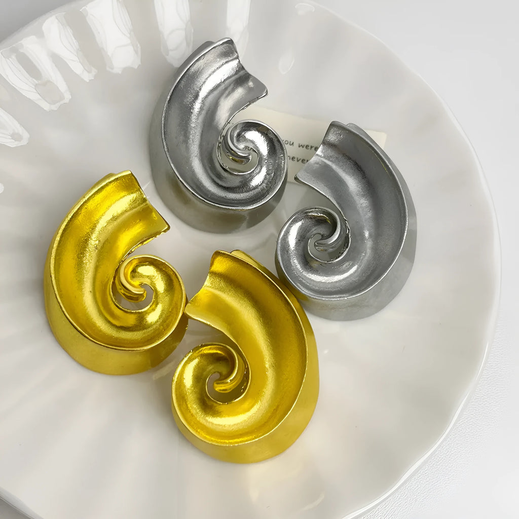 Geometric alloy ear studs with gold or silver electroplated finish measuring 5cm