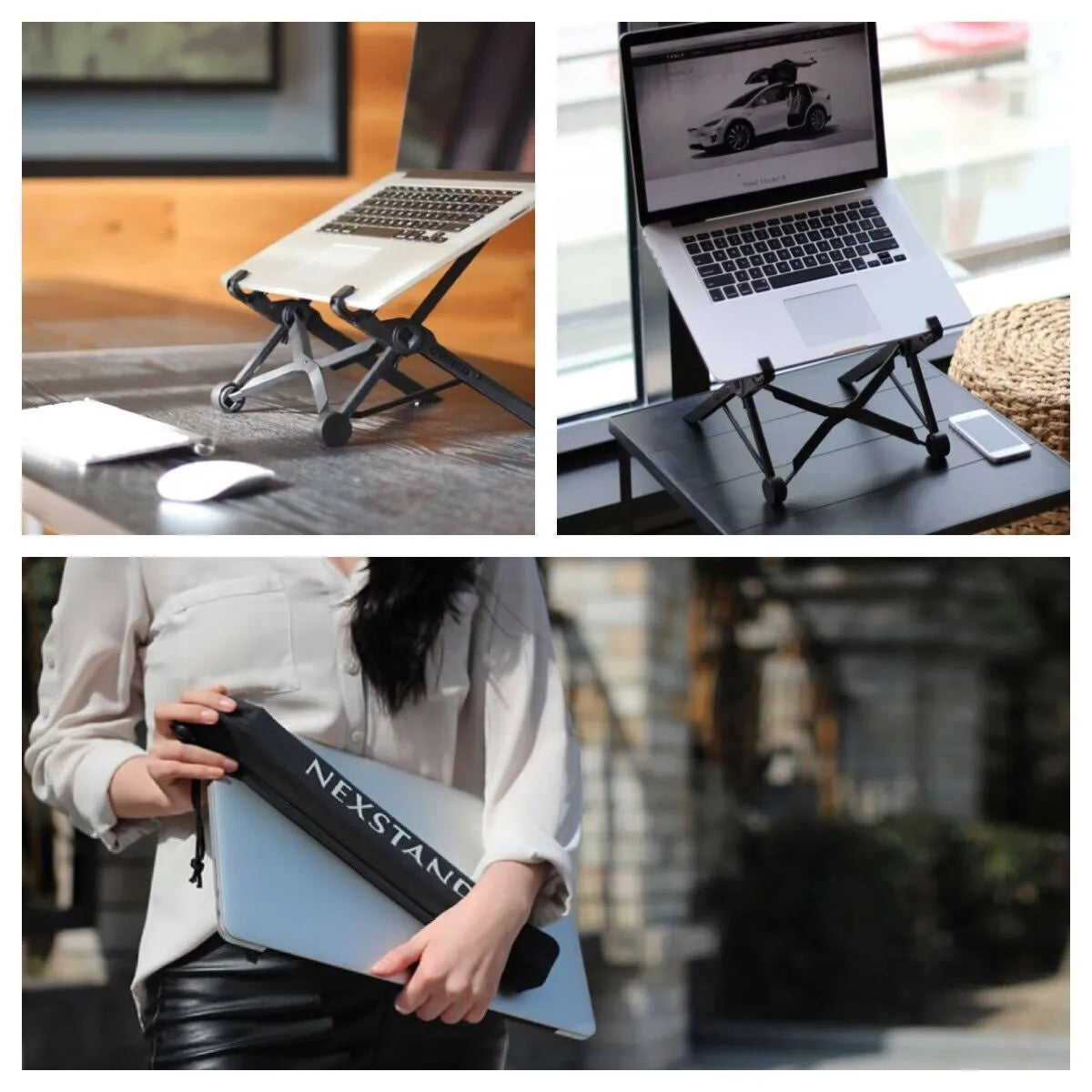 Sagacious black portable folding laptop stand with collapsed legs next to its carrying case.