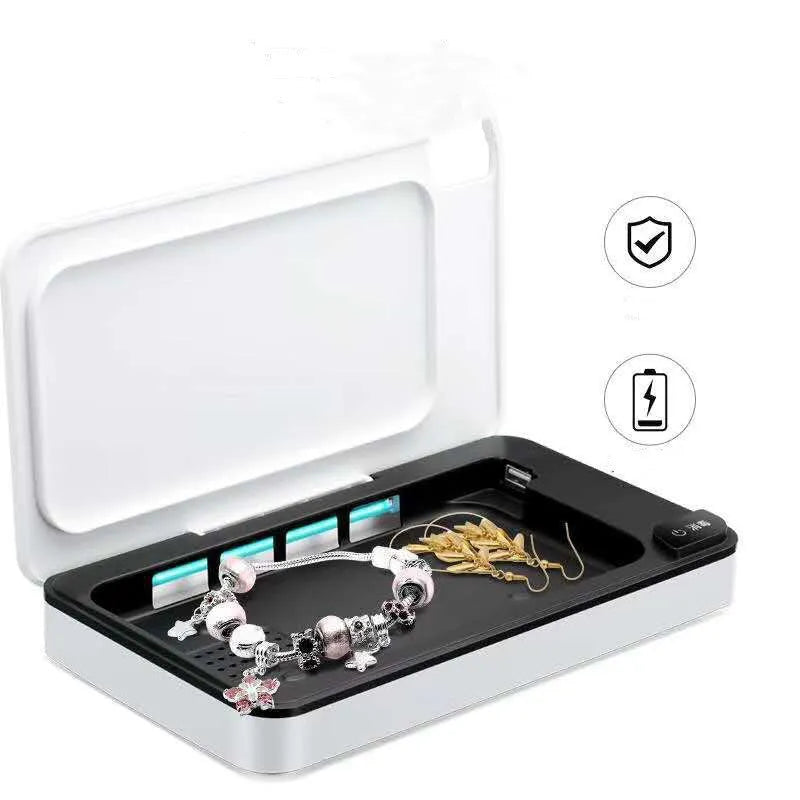 White ultraviolet mobile phone steriliser with wireless charging pad and remote control for home use