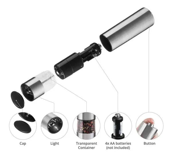 Stainless steel electric pepper grinder on a kitchen countertop