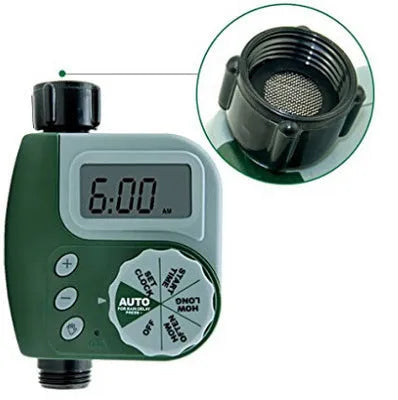 Green programmable digital garden hose timer with dual outlets and large LCD display connected to a faucet.