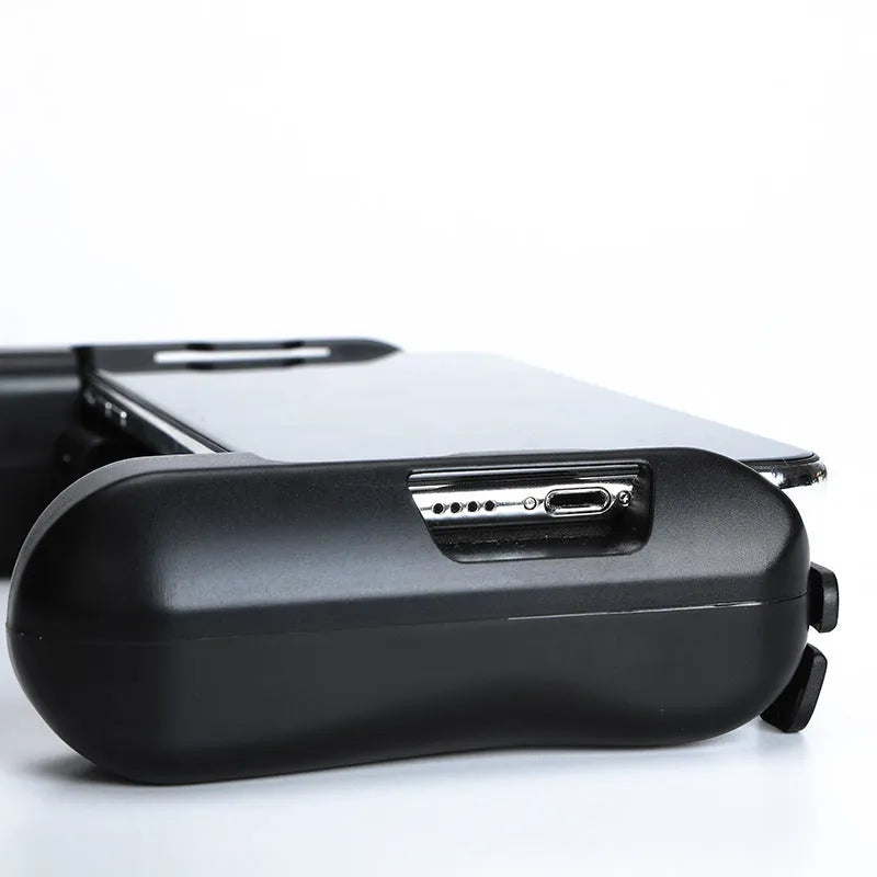 Black cooling Bluetooth game controller for iPhone with physical controls and cooling fan