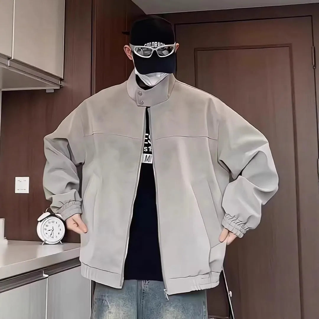 Grey tie-dye pattern on a men's PU leather jacket with stand collar and side pockets