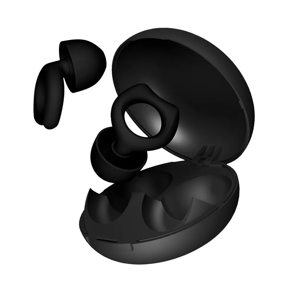 A pair of black silicone soundproof earplugs for noise reduction, presented on a white background.