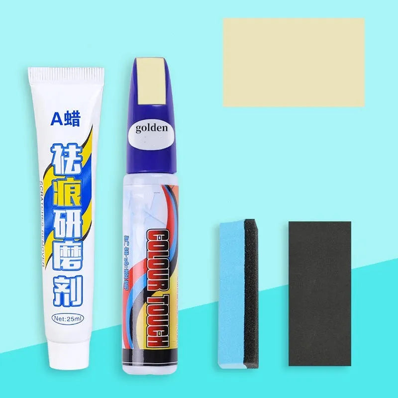 Automotive paint repair pen kit with scratch wax, paint pen, sandpaper and sponge for car bodywork