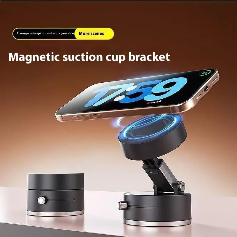 Vacuum magnetic suction phone bracket in black on car dashboard holding a smartphone