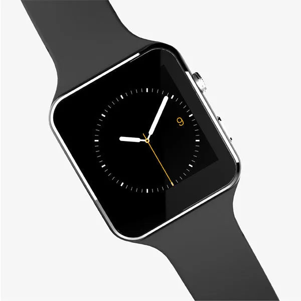 Smart watch with 1.54 inch touch screen and black silicone strap on a wrist