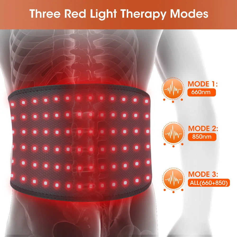 Grey neoprene electric waist therapy belt with red light beads and multiple plug types