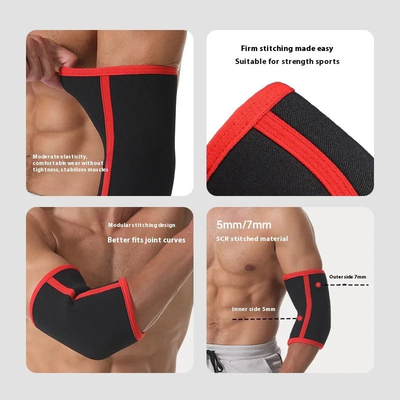 Black neoprene elbow pad for weightlifting and strength training, 7mm 5mm thickness, adult size S to XL