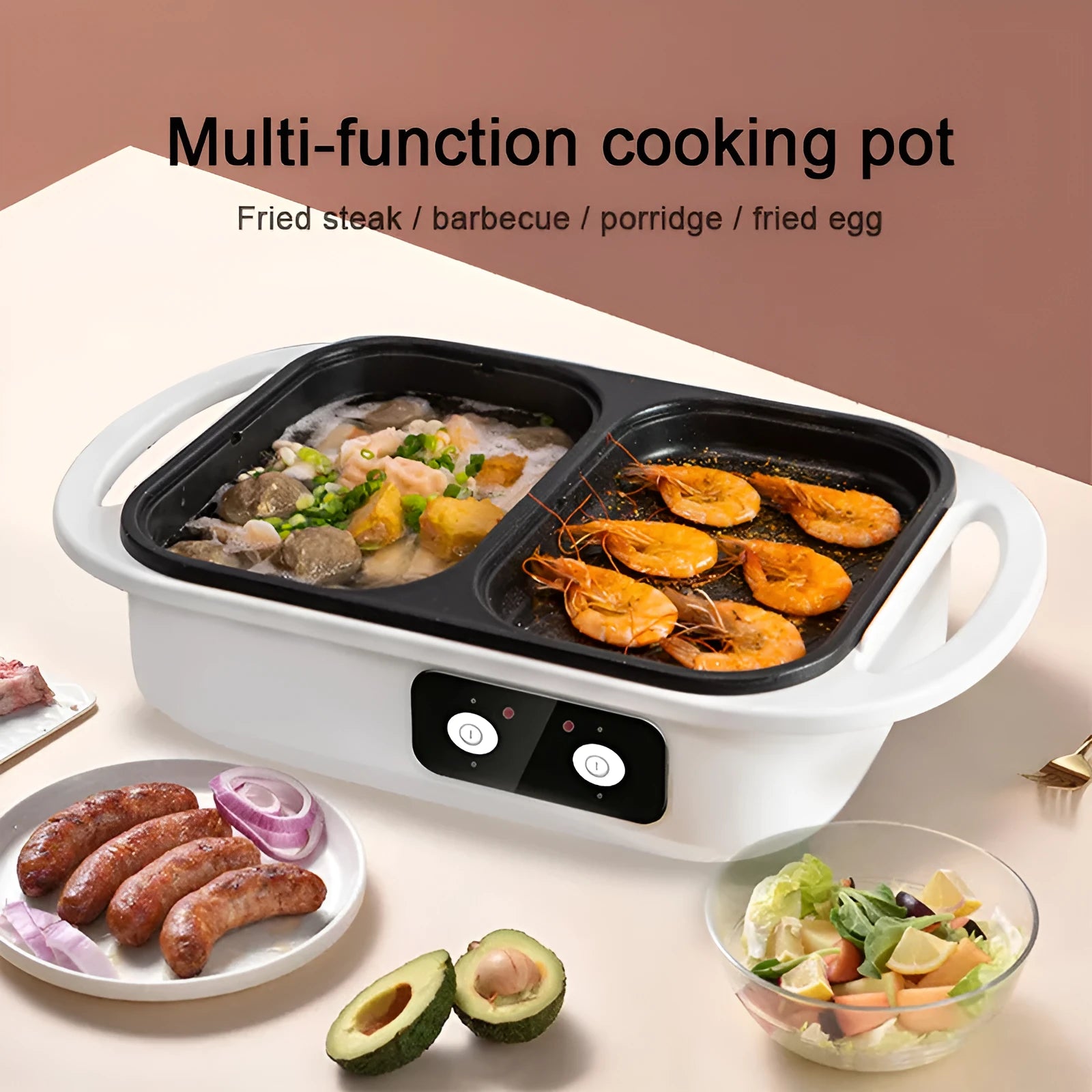 White and green household electric hot pot with dual-use caldron and frying oven function
