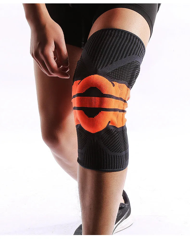Elastic compression knee pad with 3D weave, silicone gasket and spring support, in black green, size M L XL